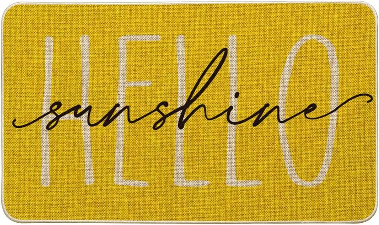Yellow Hello Sunshine Summer Decorative Doormat, Seasonal Spring Holiday Low-Profile Floor Mat Switch Mat for Indoor Outdoor 17 x 29 Inch